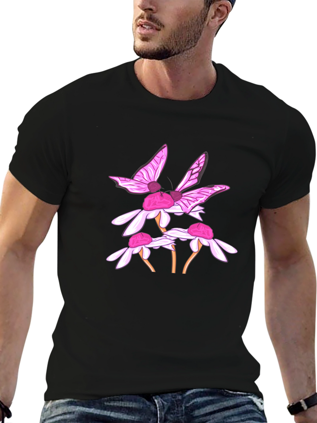 Butterfly & Daisy Graphic Black T-Shirt