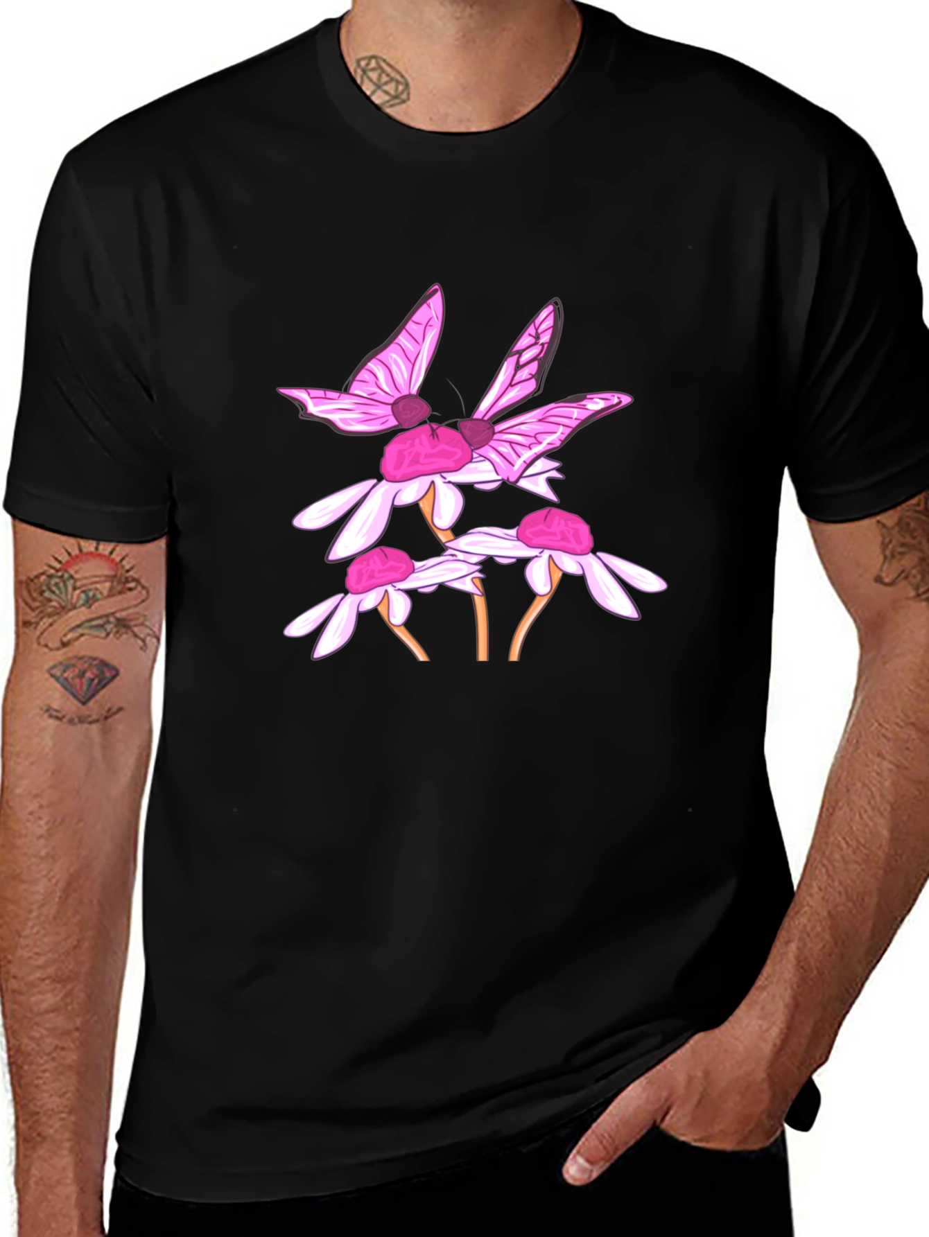 Butterfly & Daisy Graphic Black T-Shirt