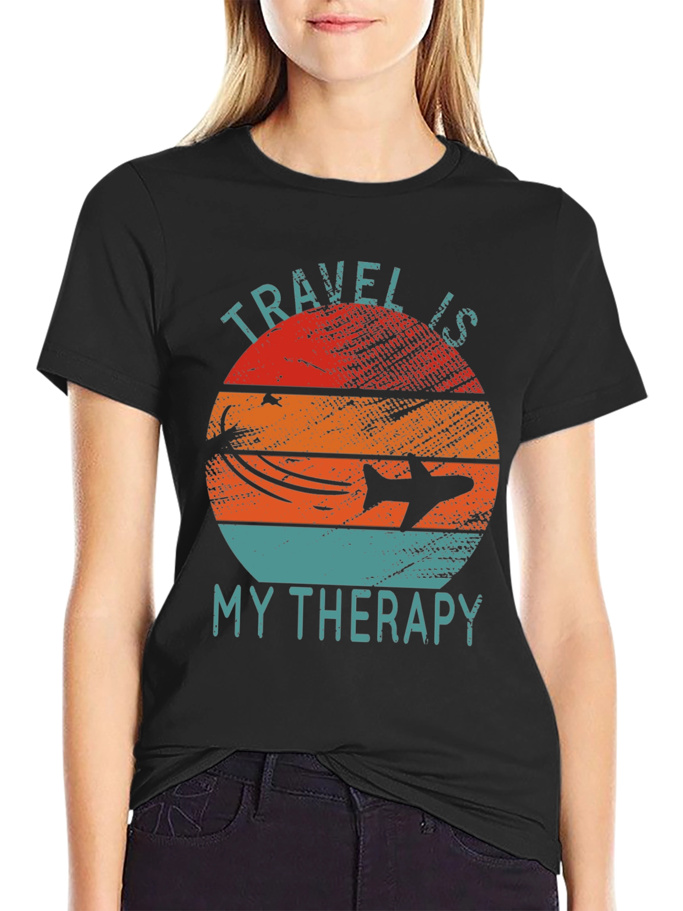 Travel Is My Therapy Graphic Tee - Retro Airplane Design