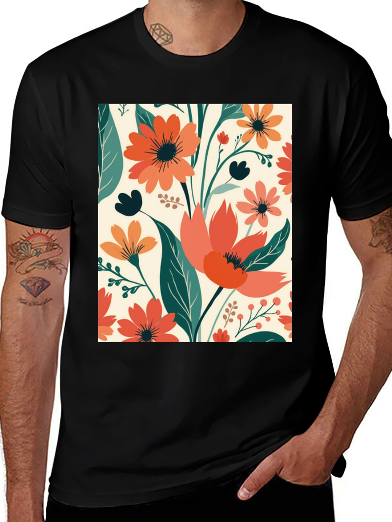 Floral Pattern Tee - Black