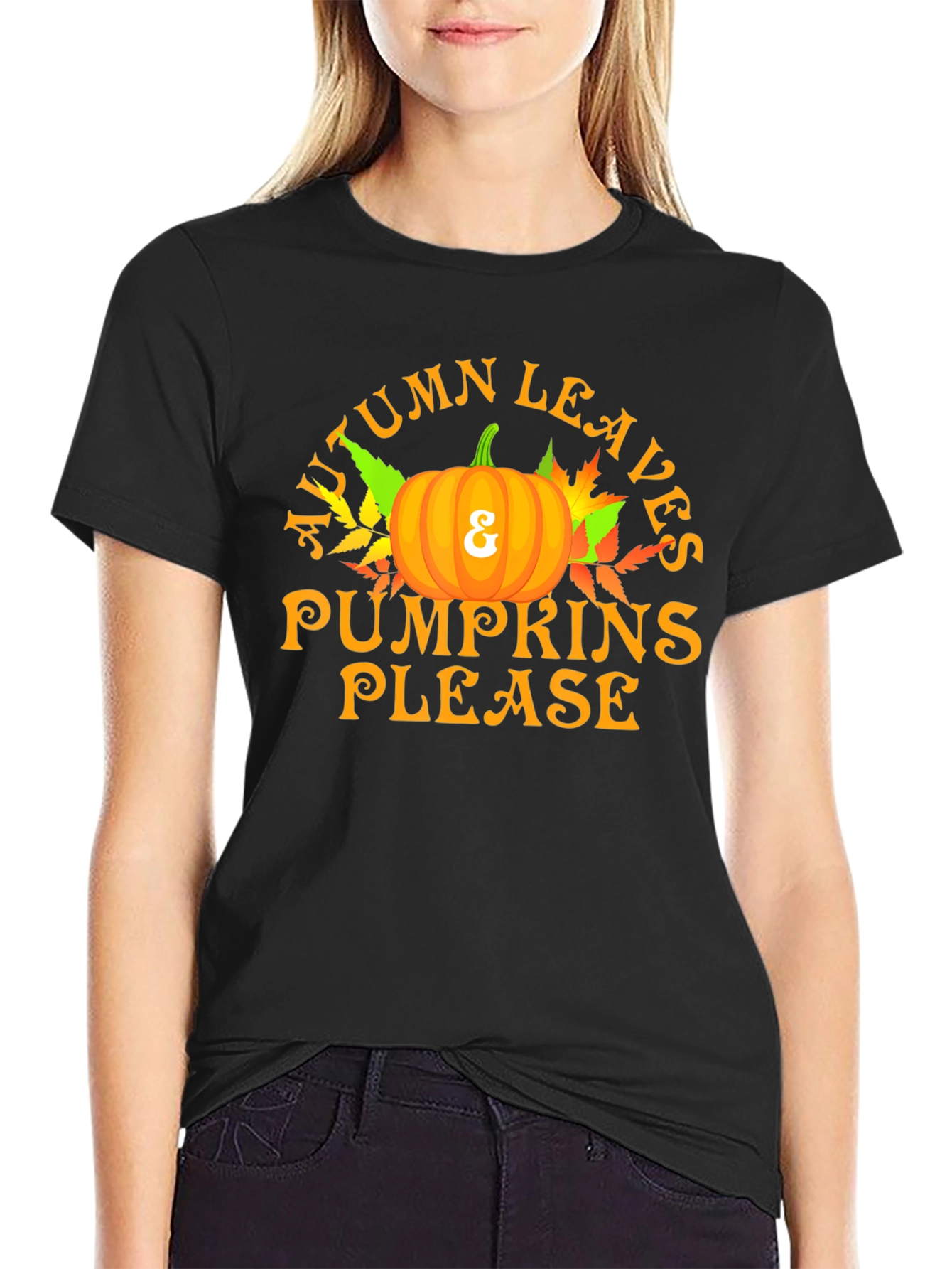 Autumn Leaves & Pumpkins Please Graphic T-Shirt