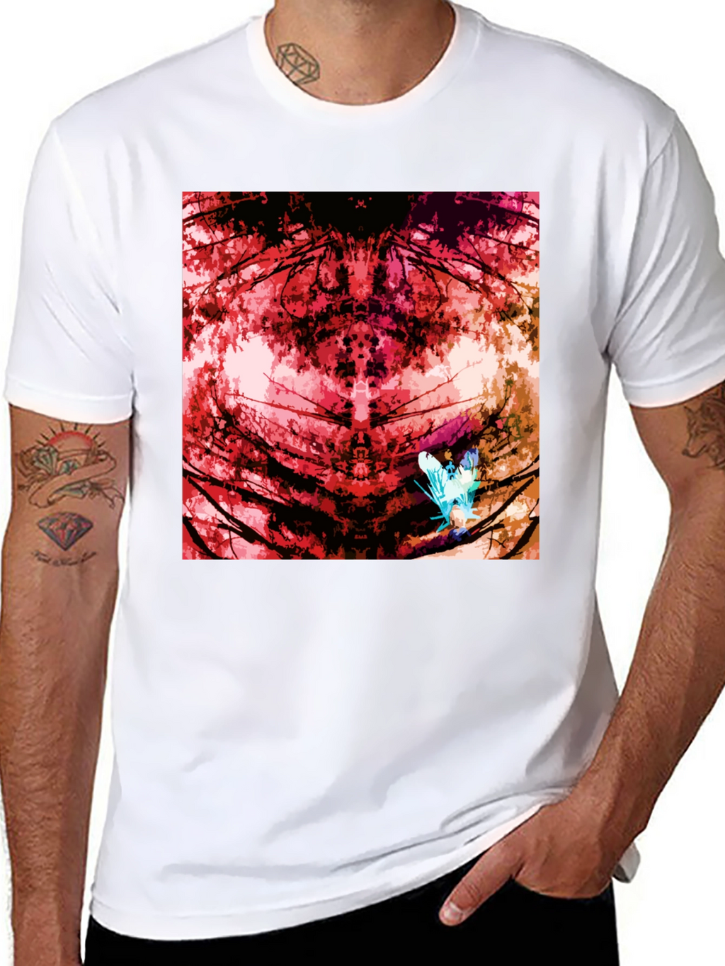 Abstract Red Nature Print Black T-Shirt