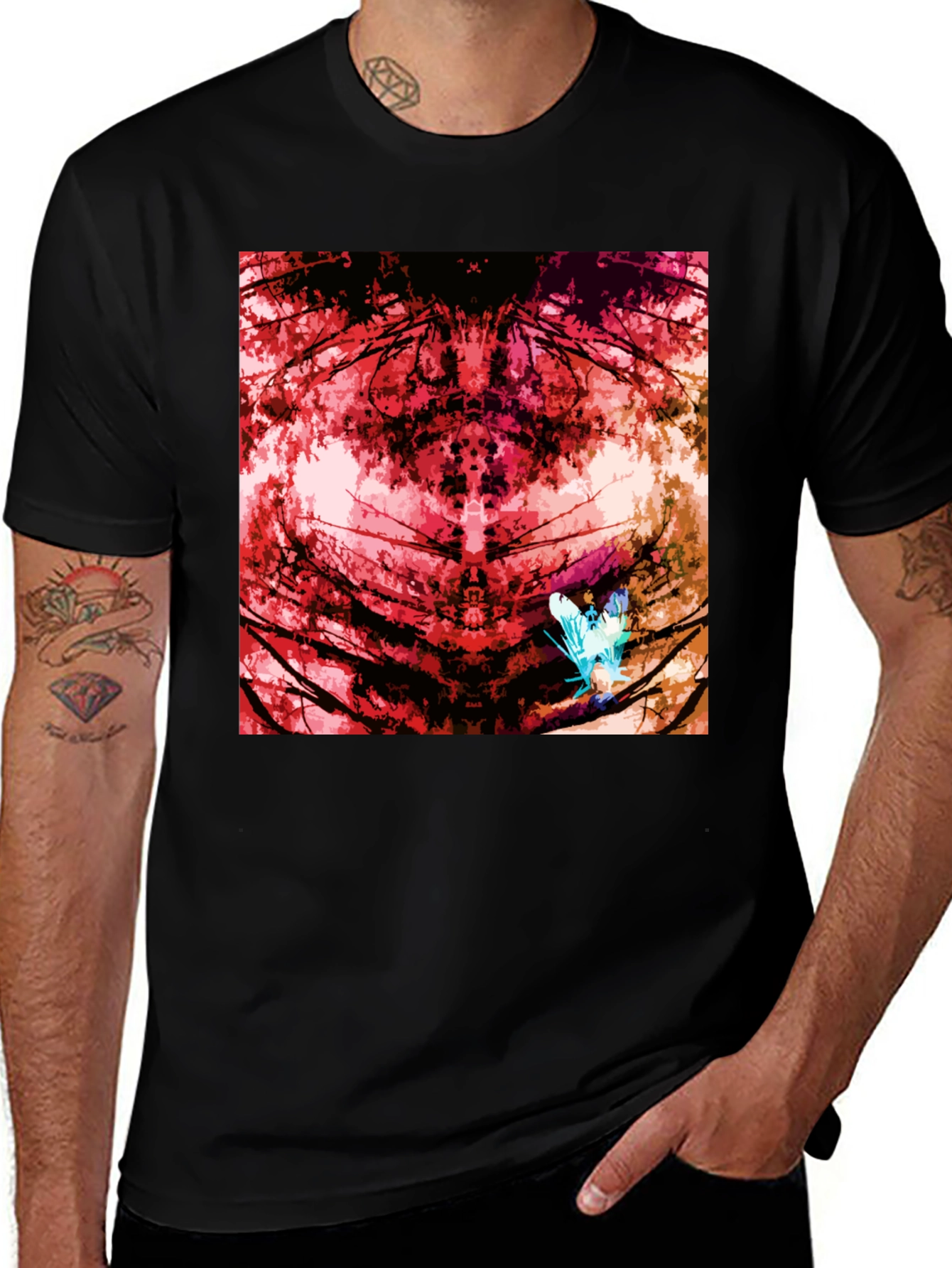 Abstract Red Nature Print Black T-Shirt