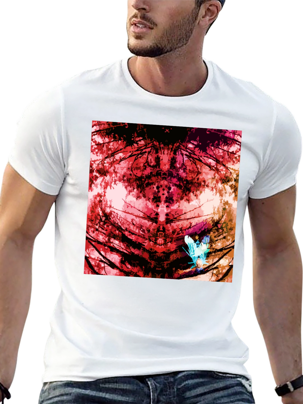 Abstract Red Nature Print Black T-Shirt