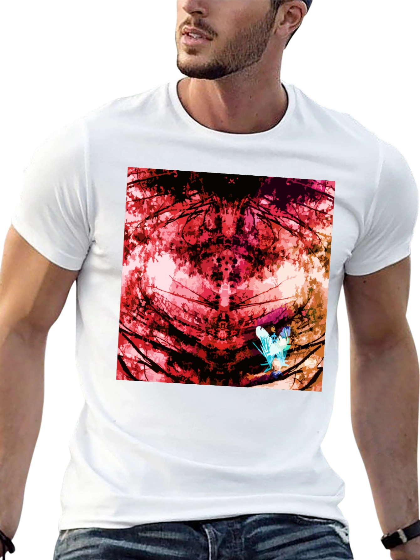 Abstract Red Nature Print Black T-Shirt