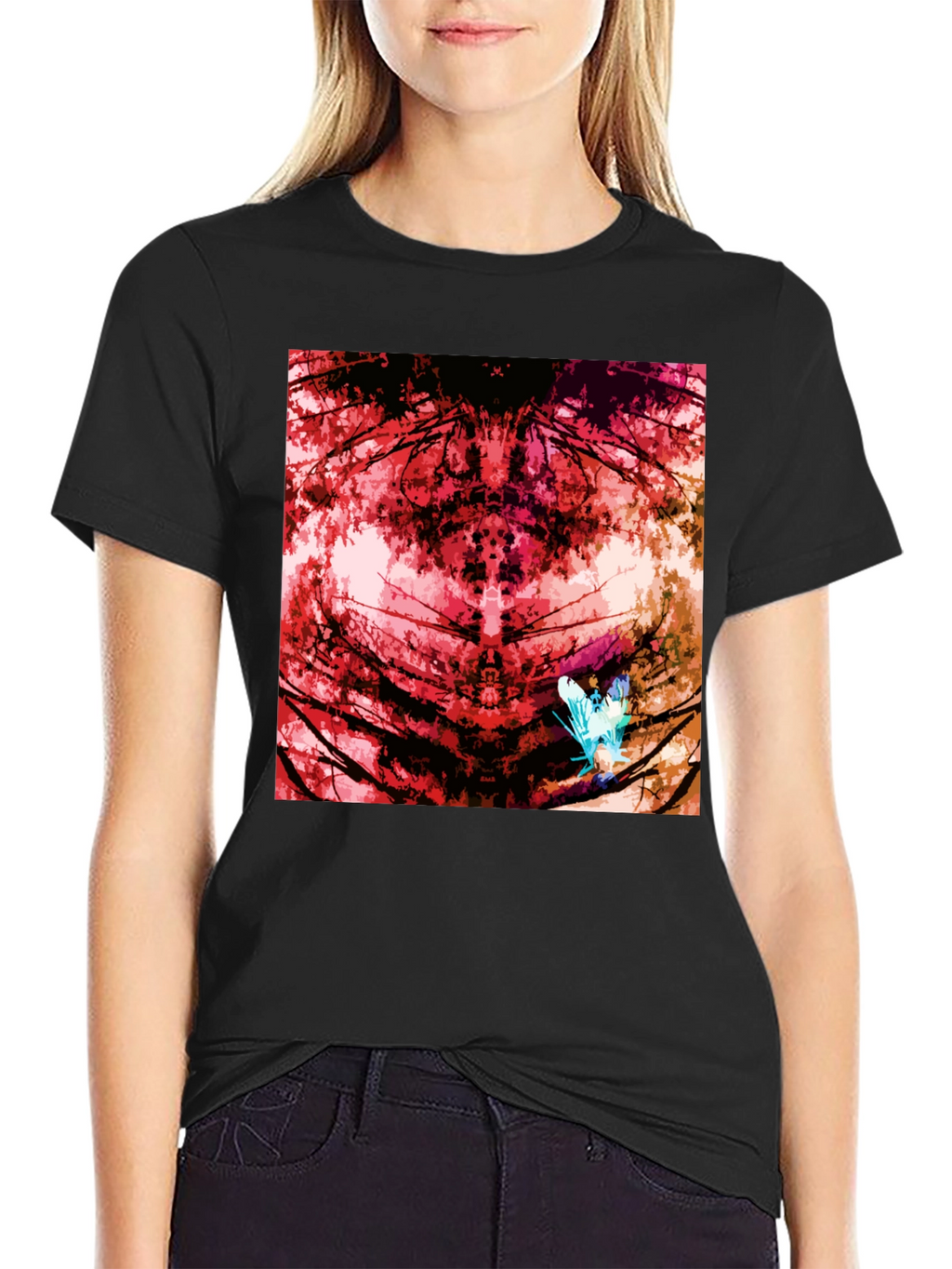 Abstract Red Nature Print Black T-Shirt