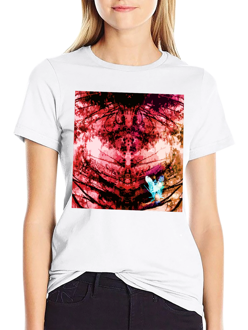 Abstract Red Nature Print Black T-Shirt
