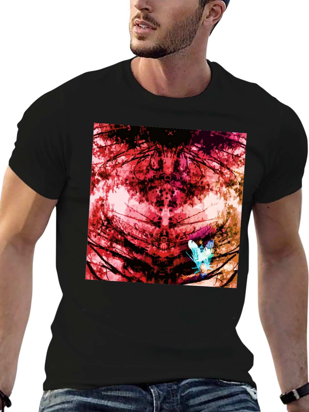 Abstract Red Nature Print Black T-Shirt