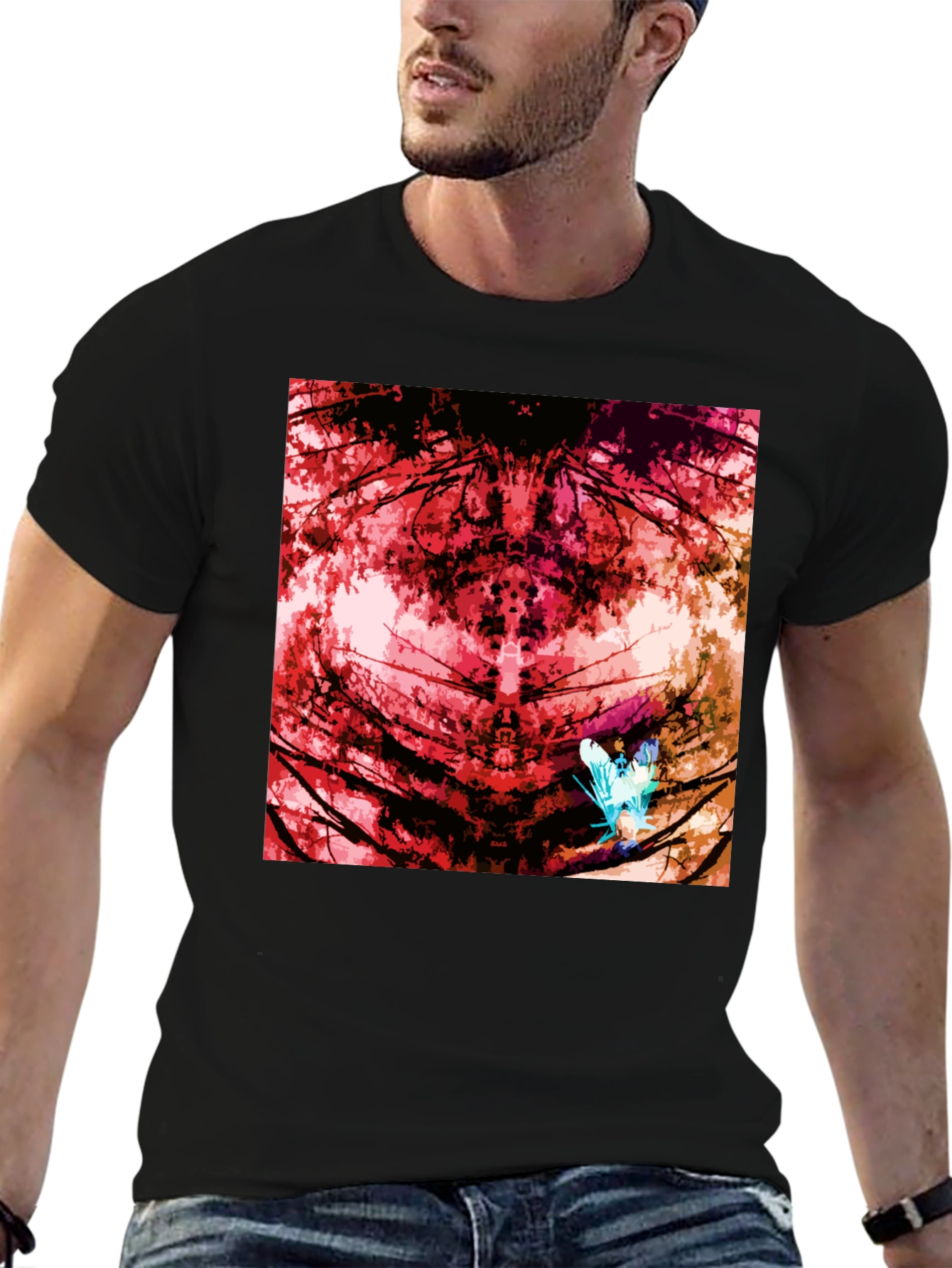 Abstract Red Nature Print Black T-Shirt