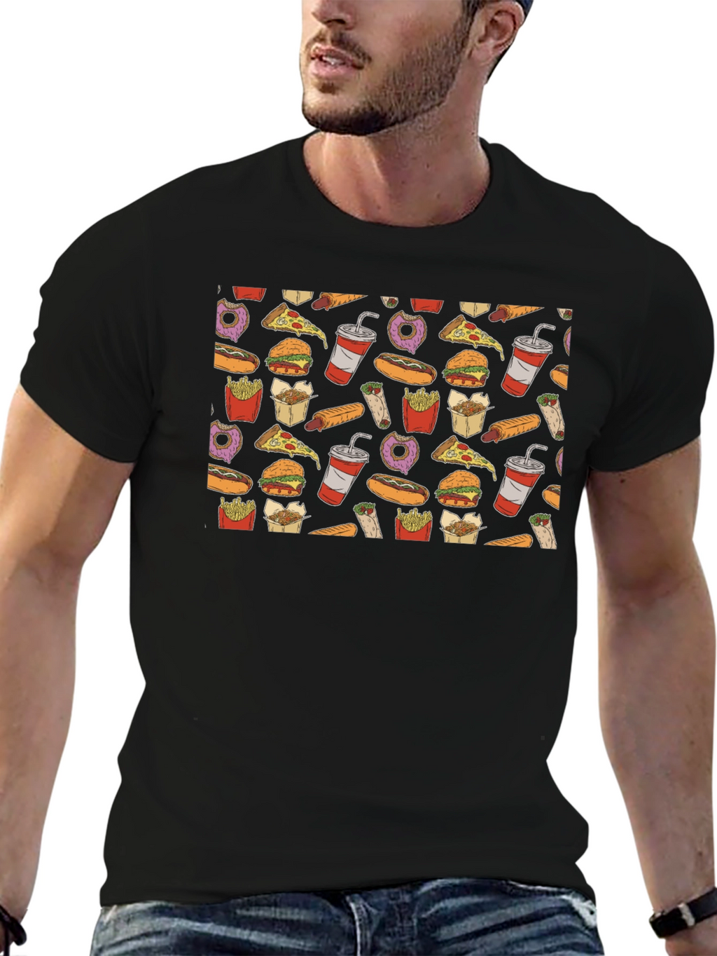 Junk Food Pattern T-Shirt - Black Casual Wear