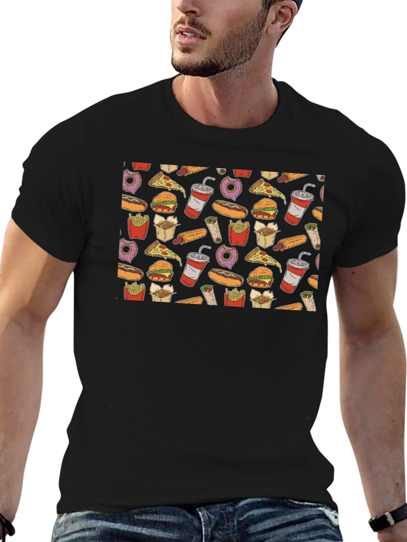 Junk Food Pattern T-Shirt - Black Casual Wear