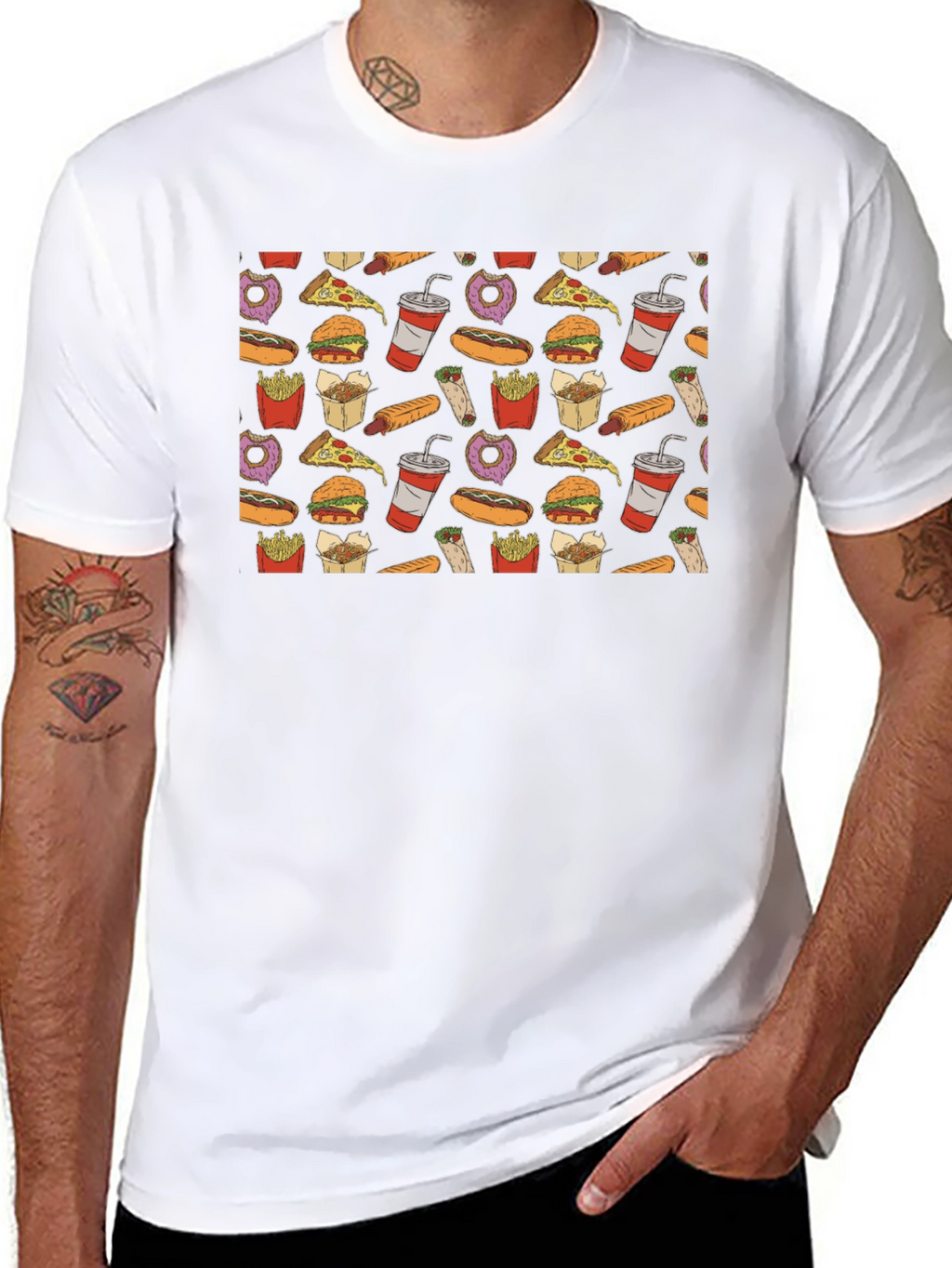 Junk Food Pattern T-Shirt - Black Casual Wear