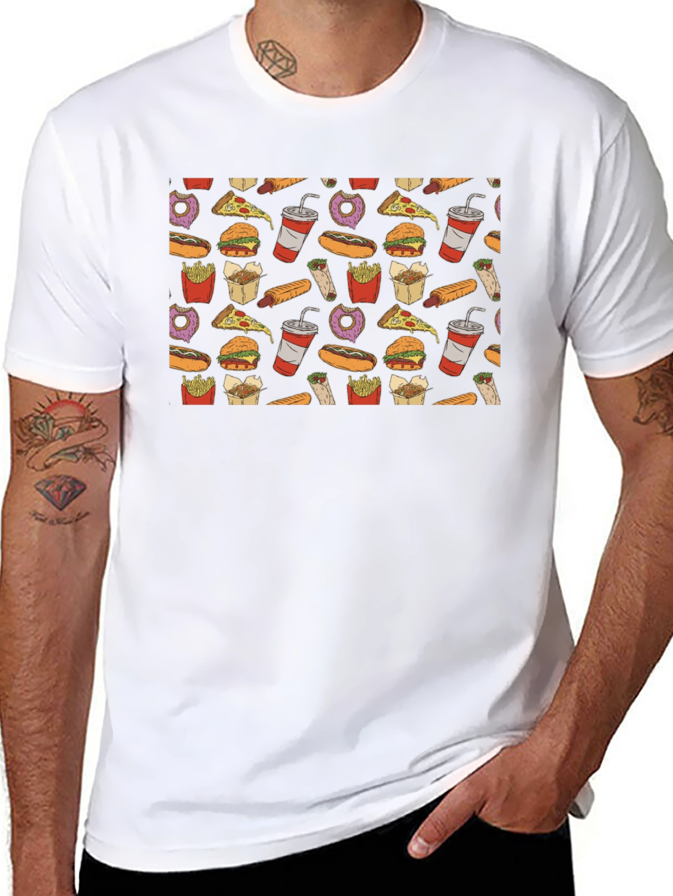 Junk Food Pattern T-Shirt - Black Casual Wear