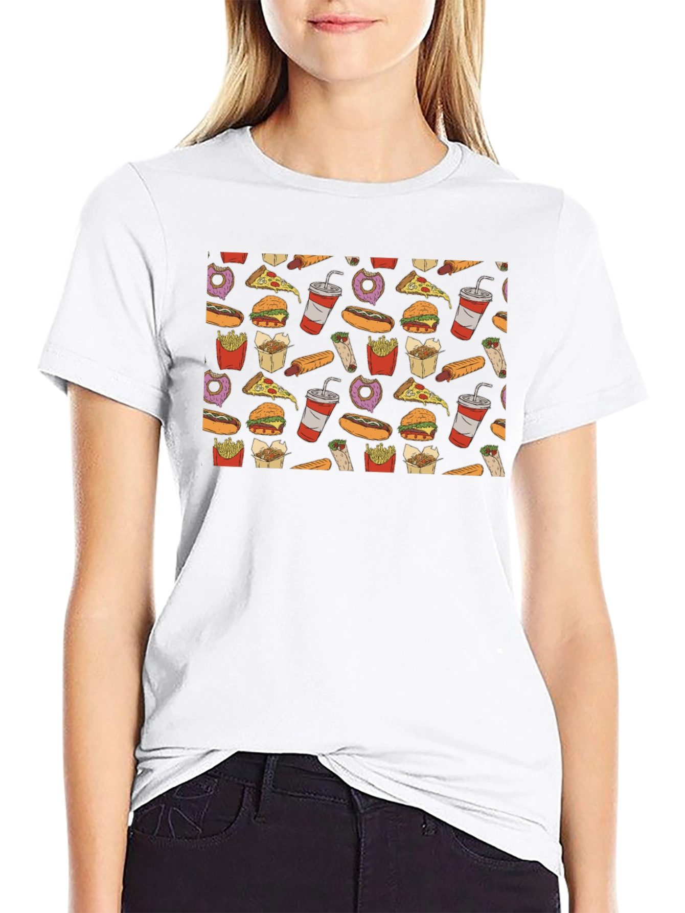 Junk Food Pattern T-Shirt - Black Casual Wear