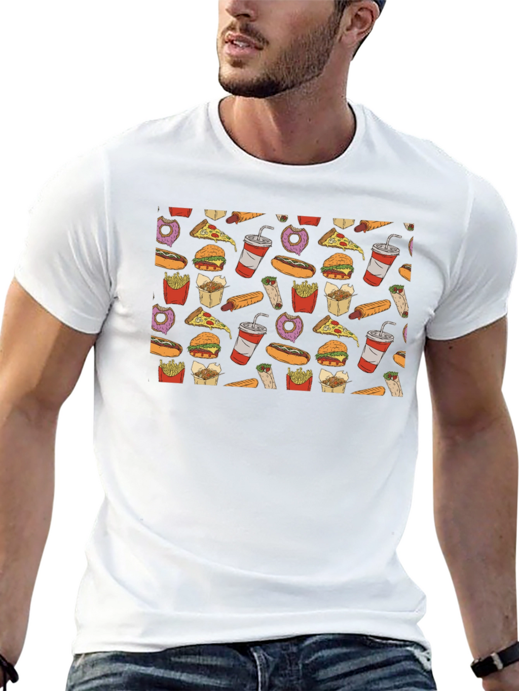 Junk Food Pattern T-Shirt - Black Casual Wear