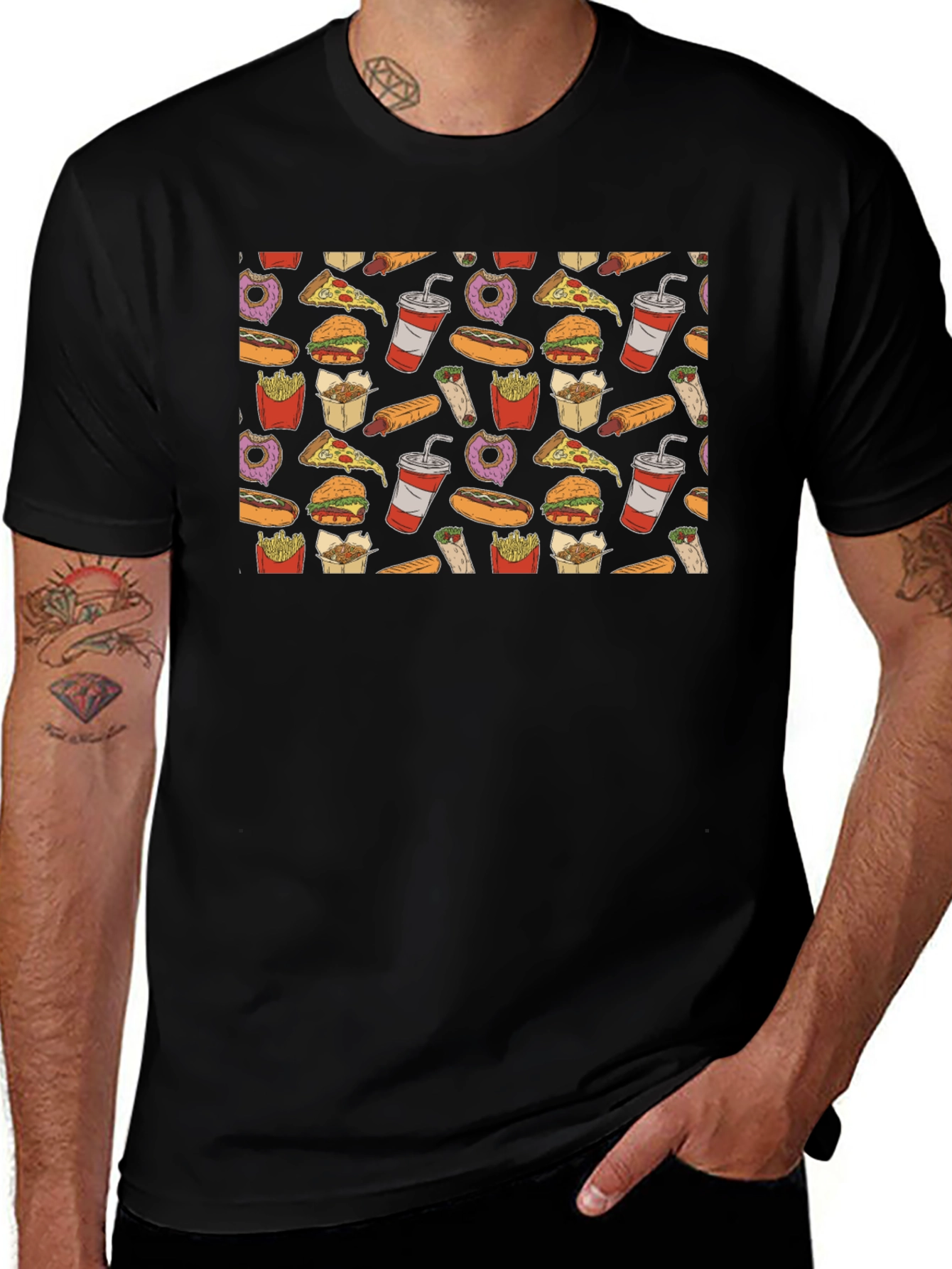 Junk Food Pattern T-Shirt - Black Casual Wear