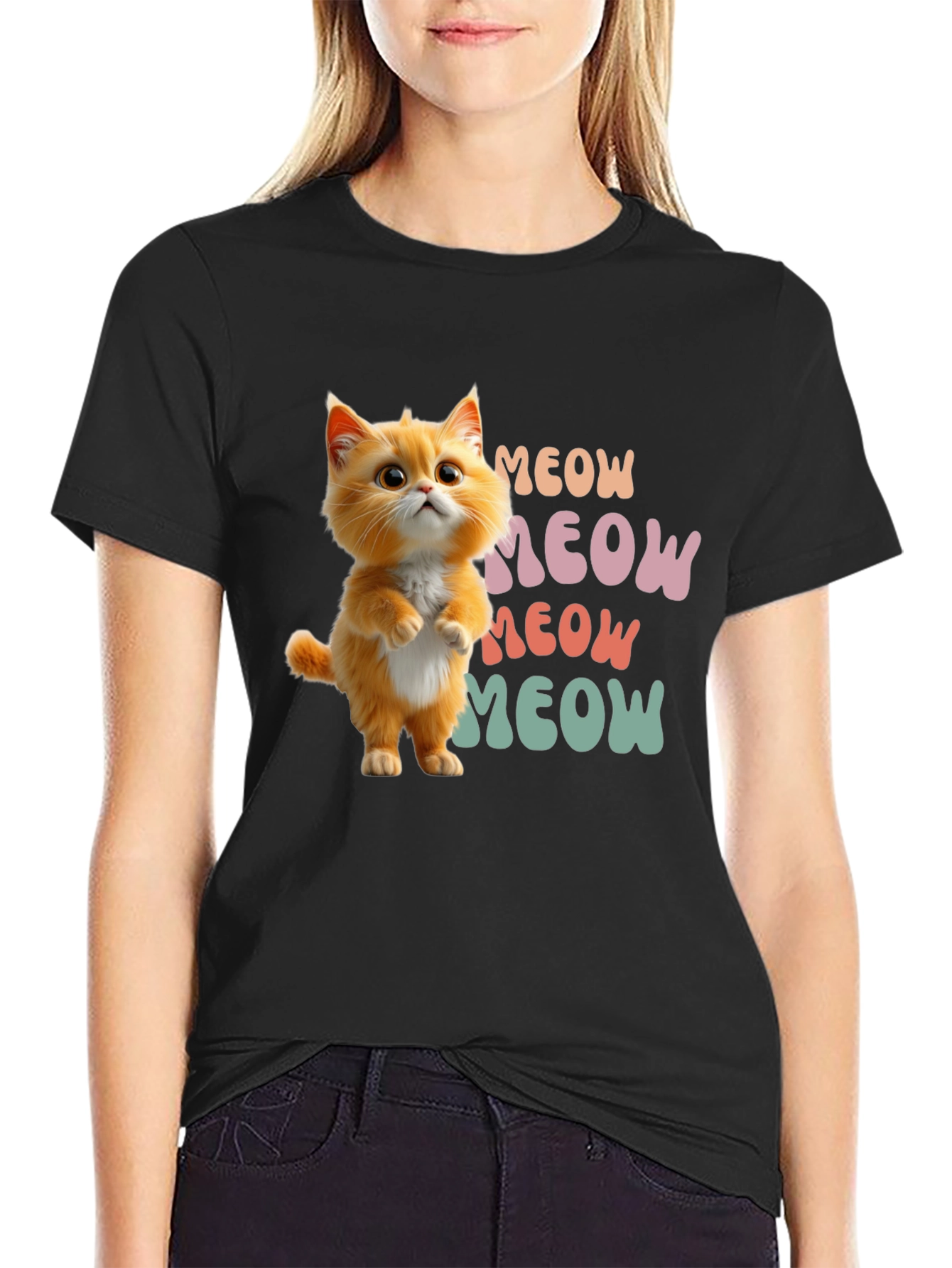 Cute Cartoon Cat Meow Graphic T-Shirt