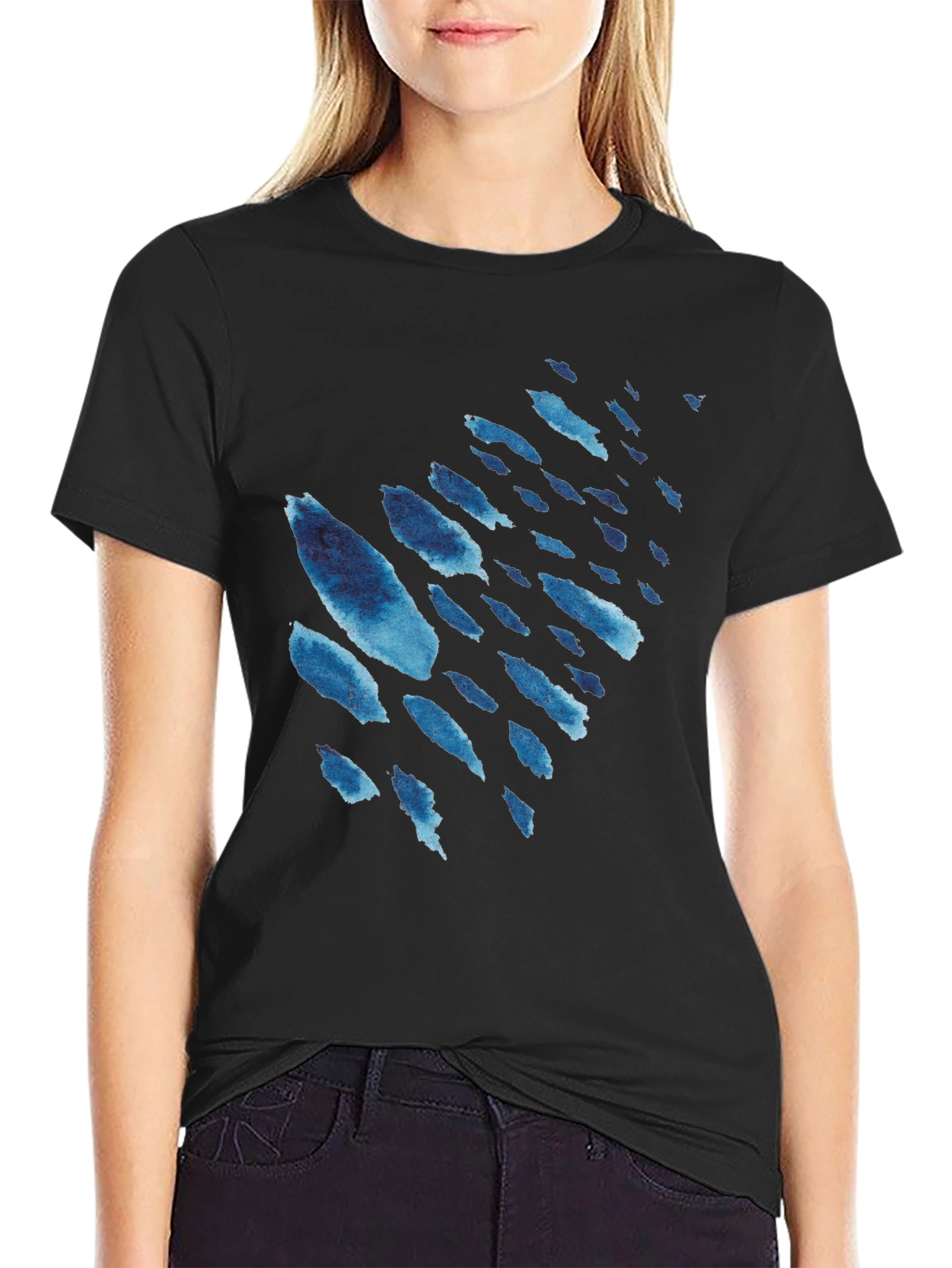 Mens Black T-Shirt with Blue Watercolor Design