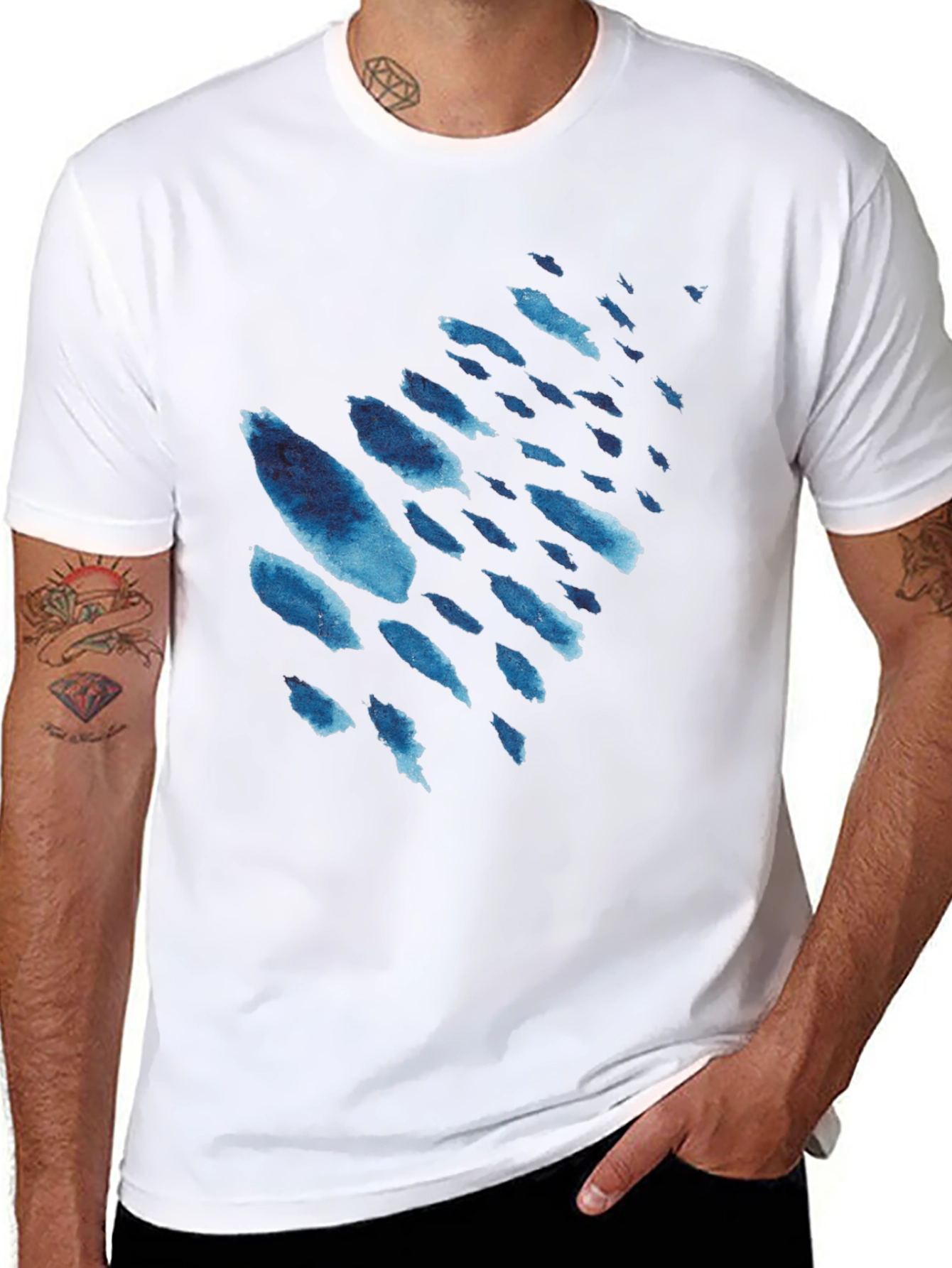 Mens Black T-Shirt with Blue Watercolor Design