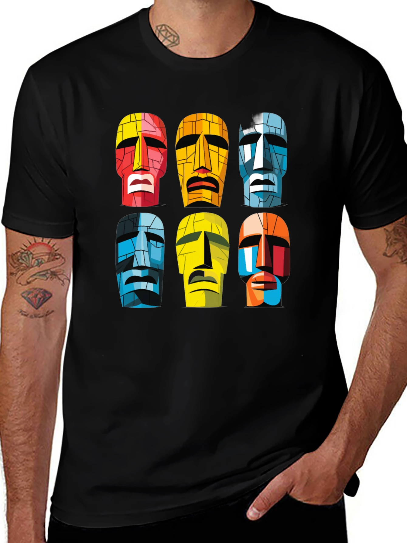 Moai Heads Graphic Print Tee - Black