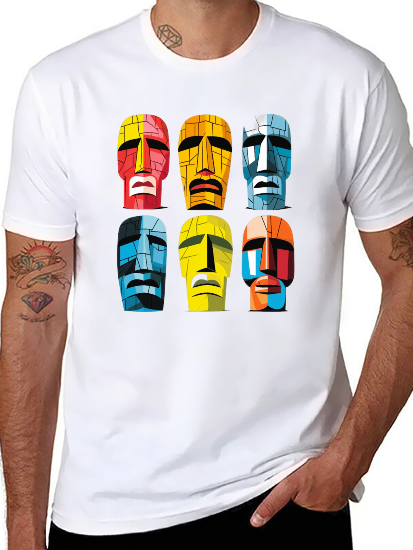 Moai Heads Graphic Print Tee - Black