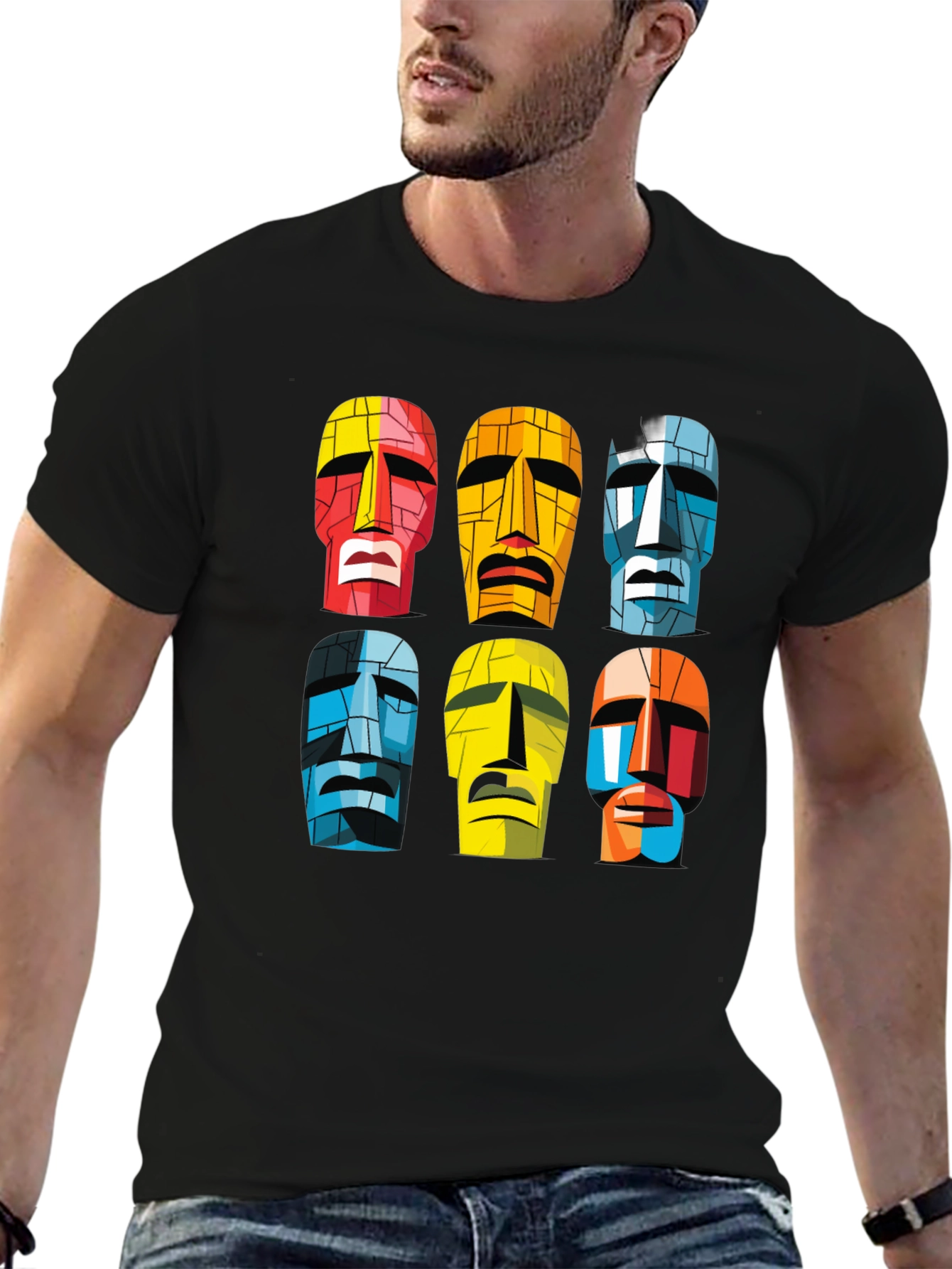 Moai Heads Graphic Print Tee - Black