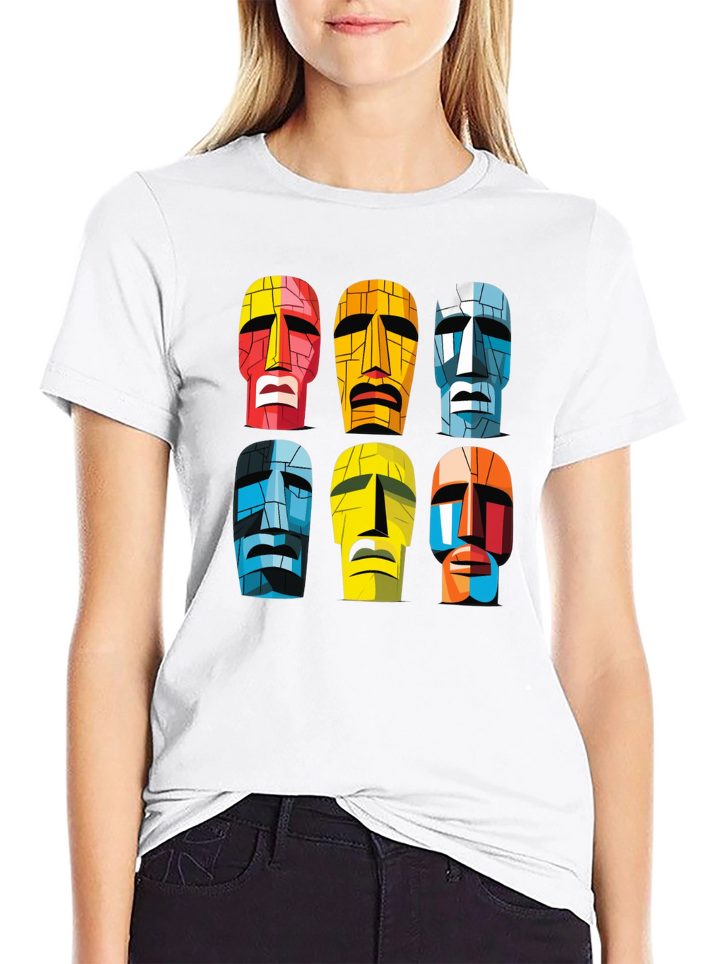 Moai Heads Graphic Print Tee - Black