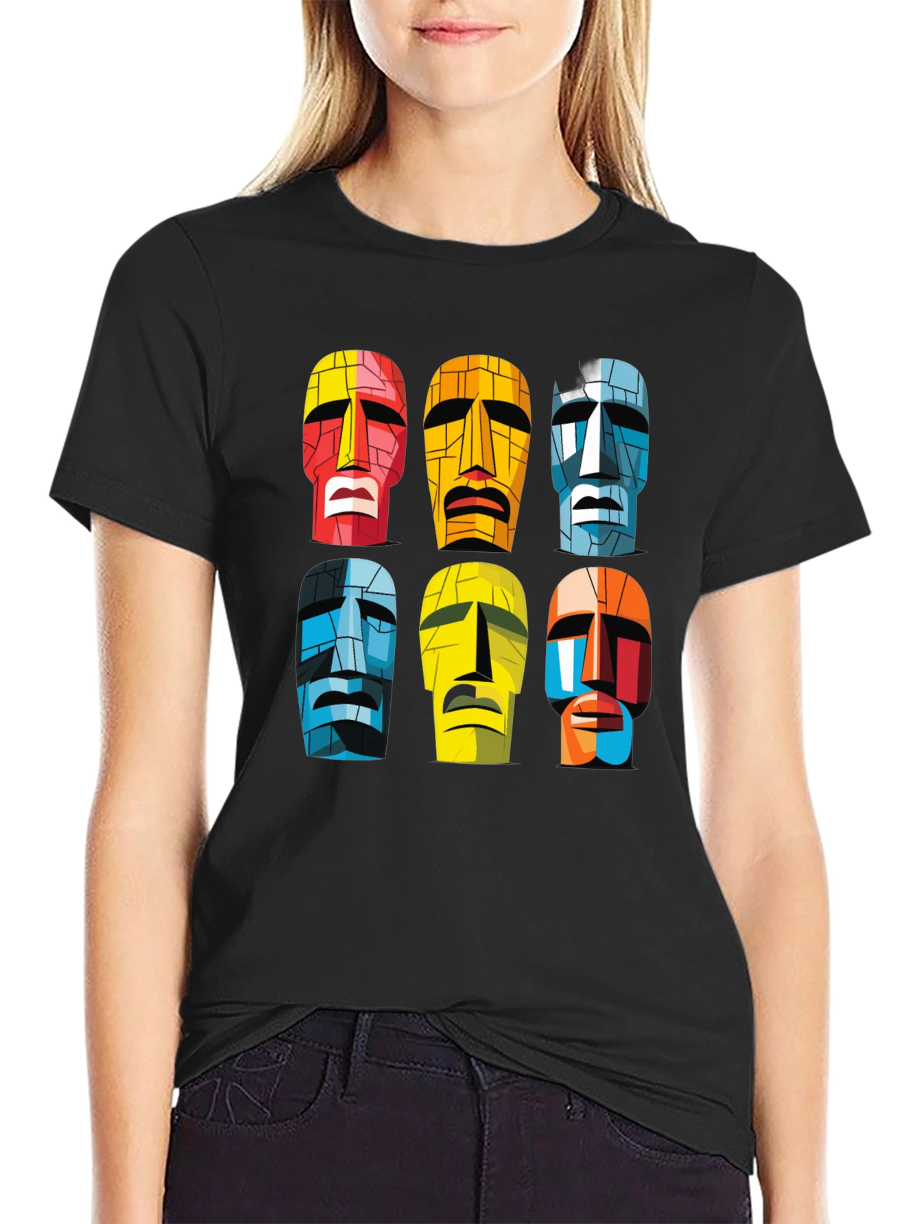 Moai Heads Graphic Print Tee - Black