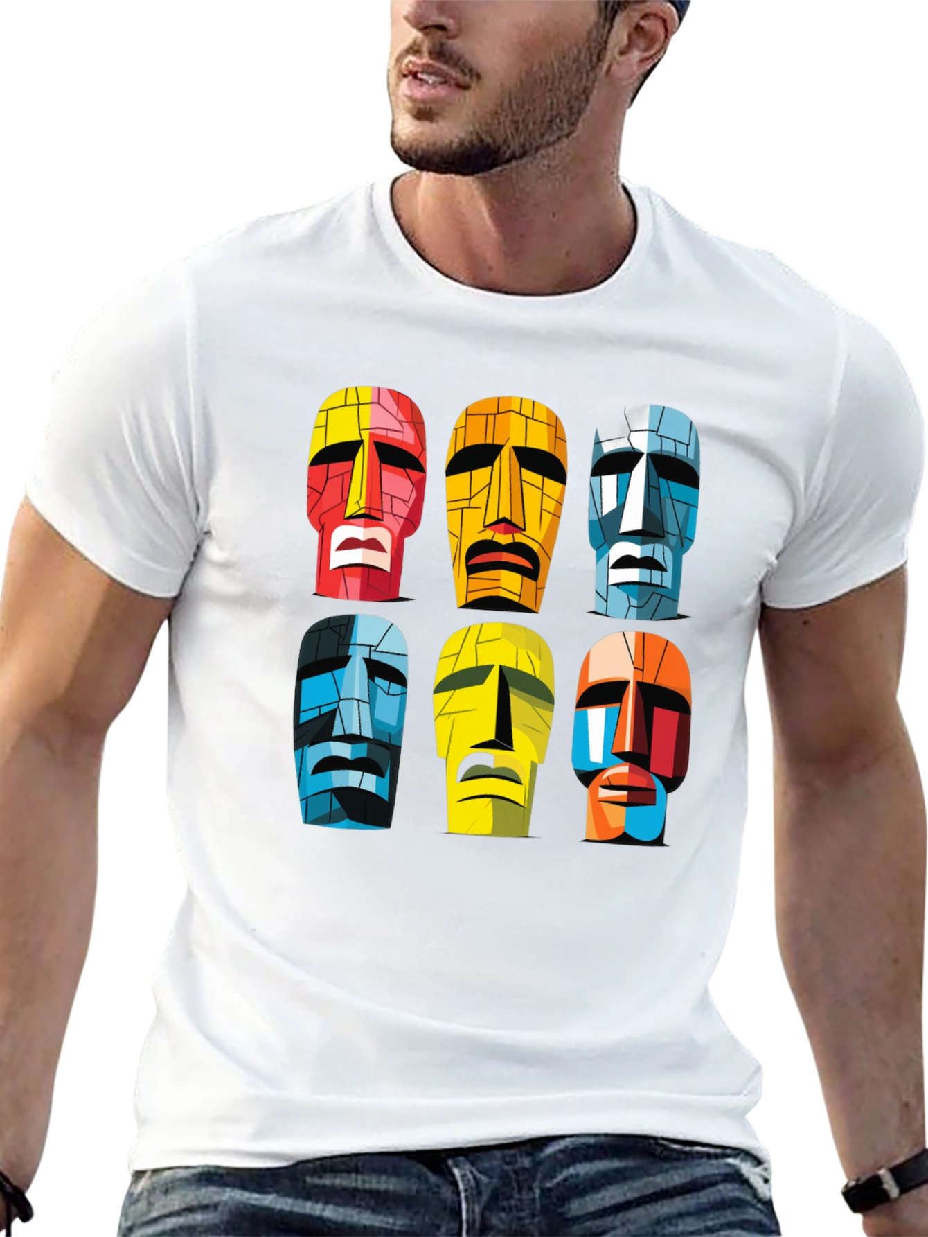 Moai Heads Graphic Print Tee - Black
