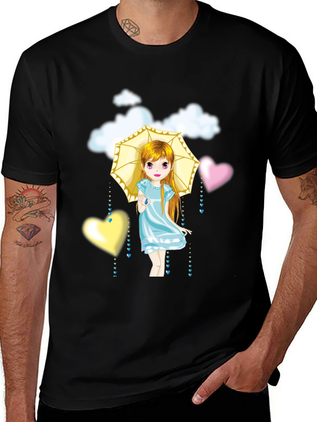 Cute Girl Umbrella Heart Cloud Black T-Shirt
