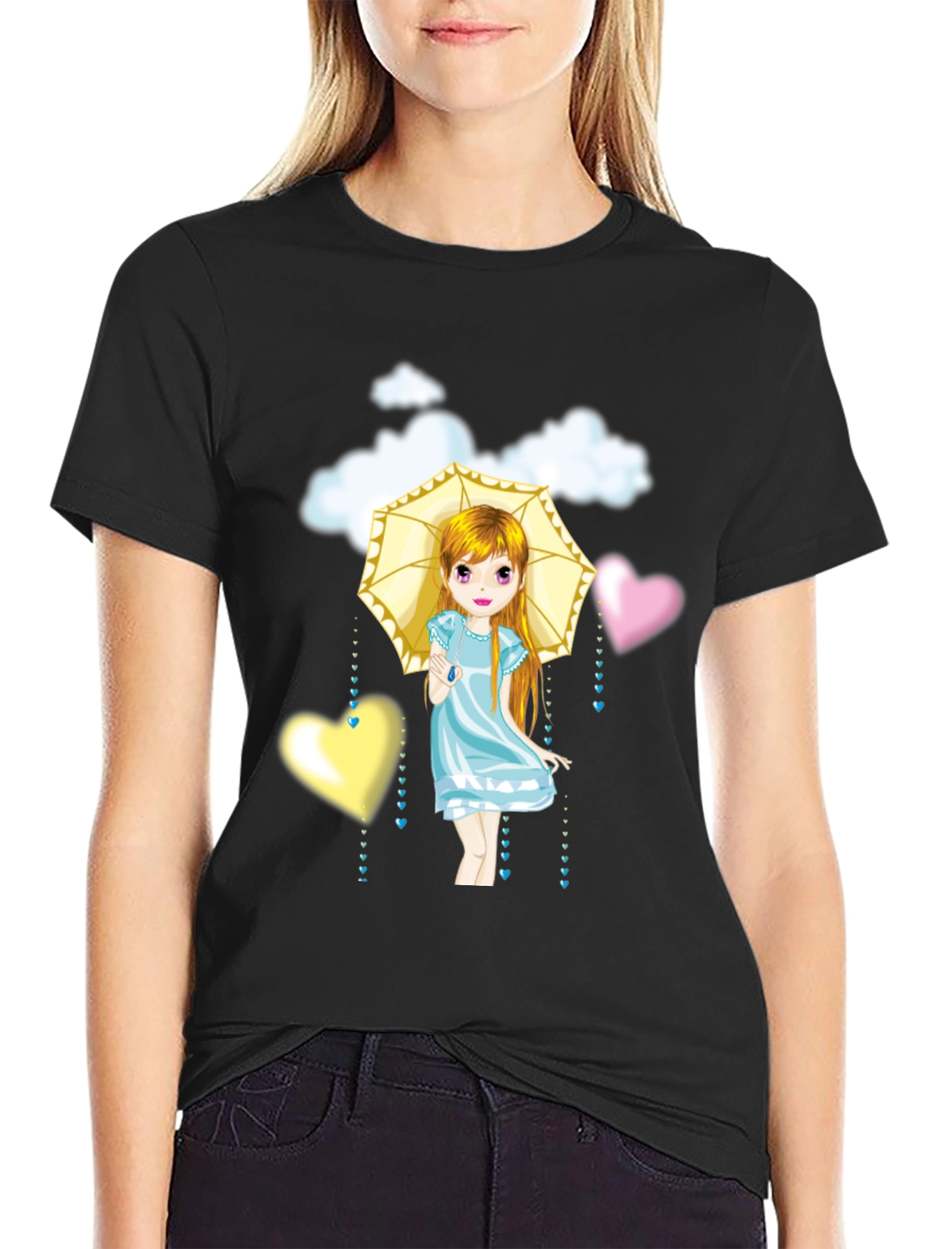 Cute Girl Umbrella Heart Cloud Black T-Shirt