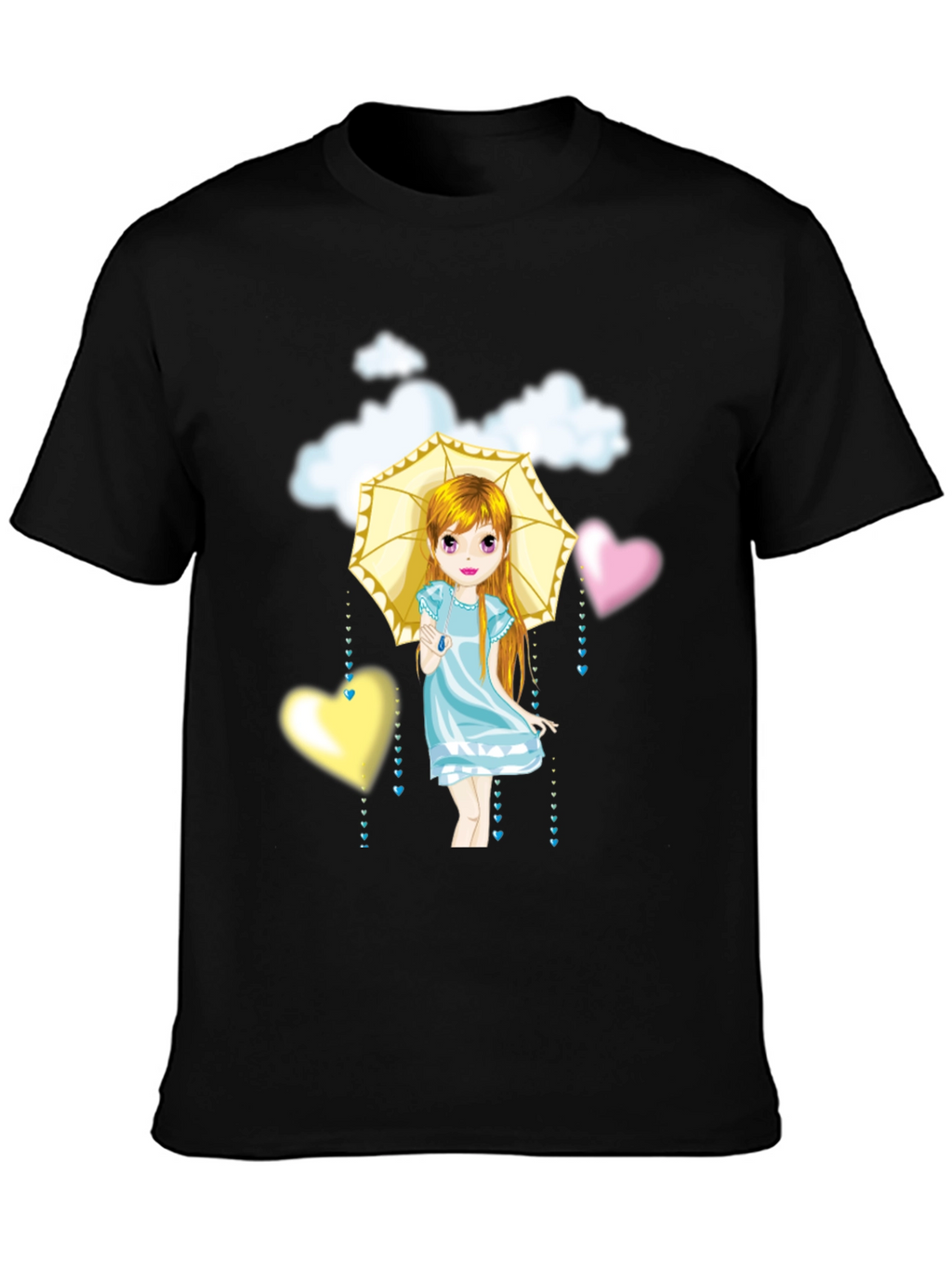 Cute Girl Umbrella Heart Cloud Black T-Shirt