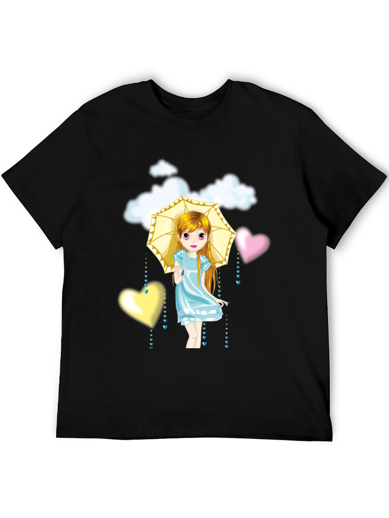 Cute Girl Umbrella Heart Cloud Black T-Shirt