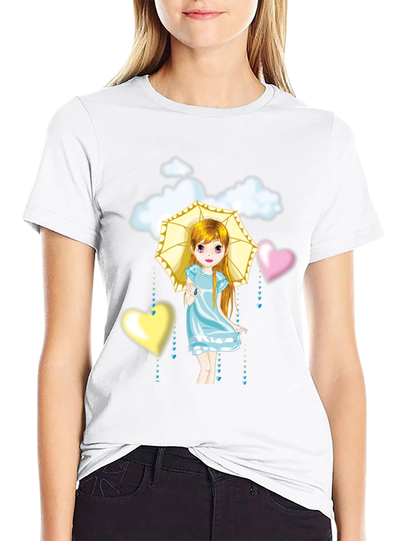 Cute Girl Umbrella Heart Cloud Black T-Shirt