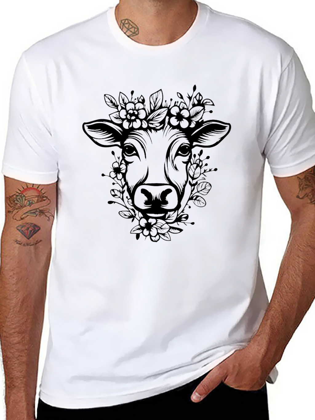 Floral Cow Graphic Black T-Shirt - Mens Fashion
