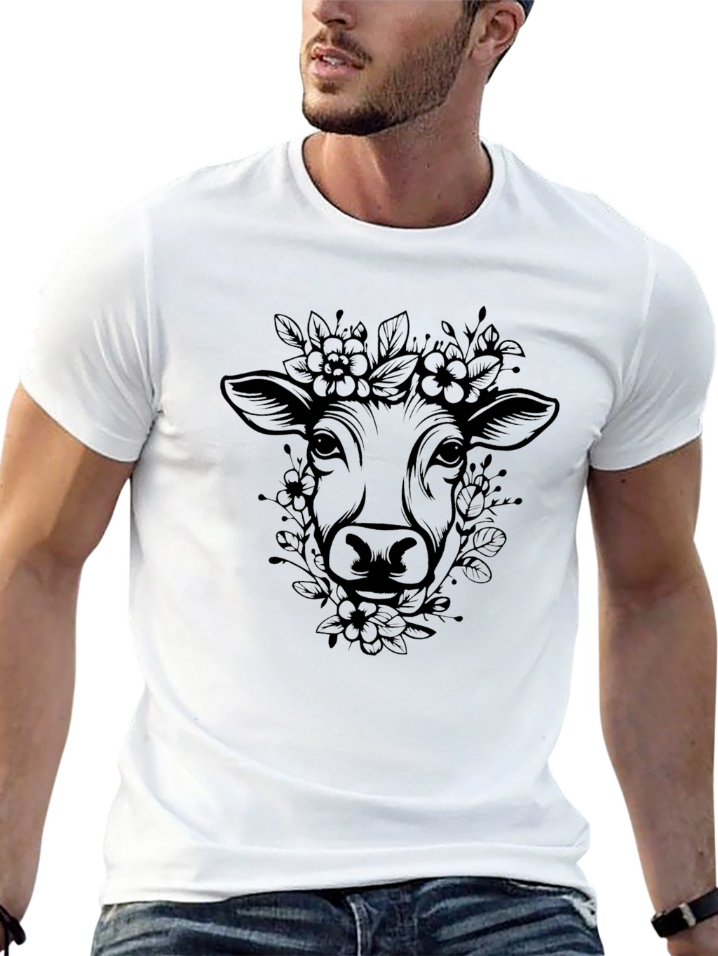 Floral Cow Graphic Black T-Shirt - Mens Fashion