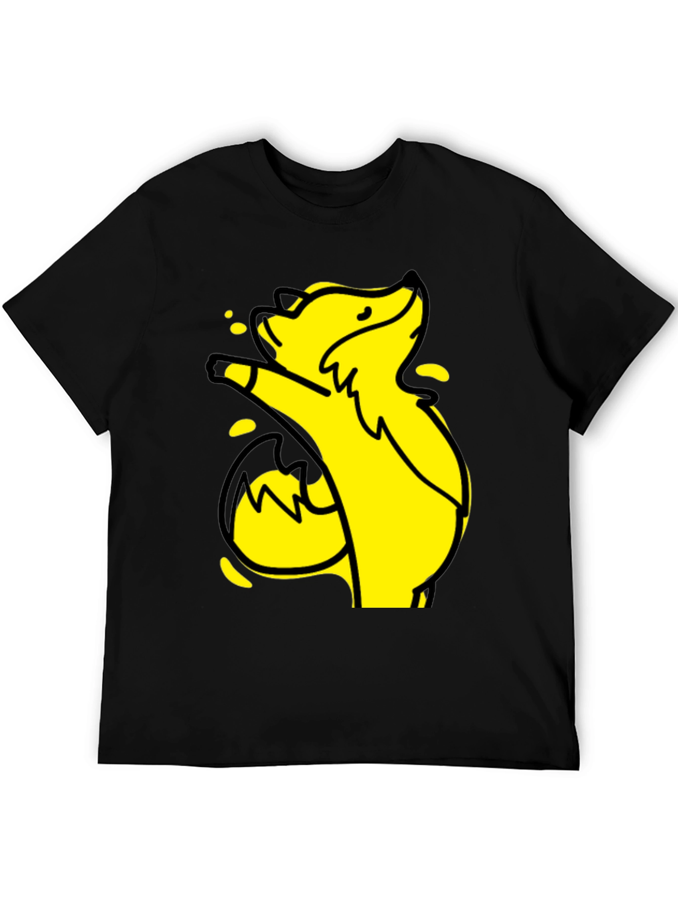 Yellow Cartoon Fox Graphic Black T-Shirt