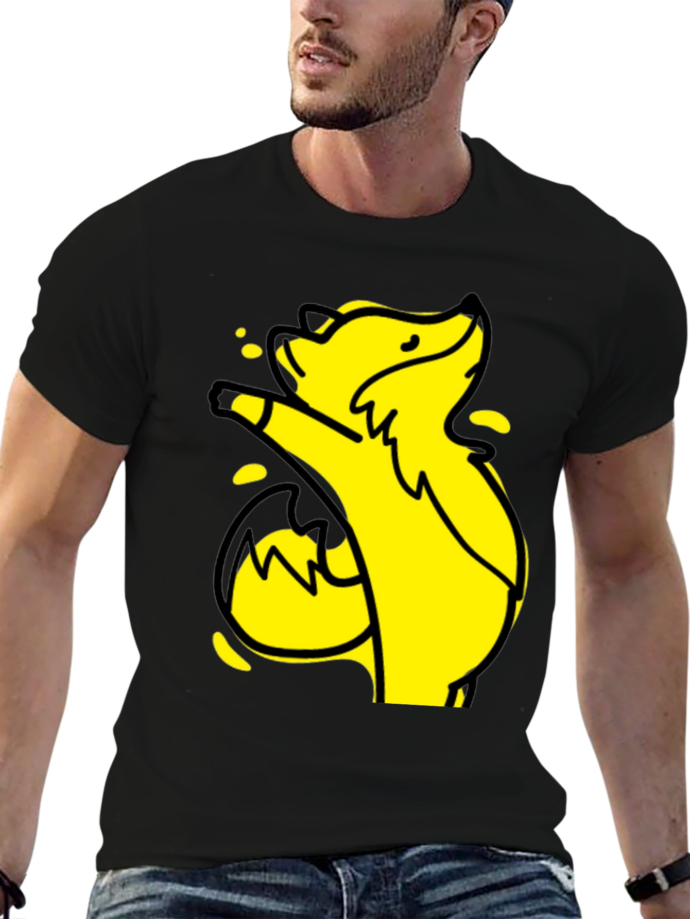 Yellow Cartoon Fox Graphic Black T-Shirt