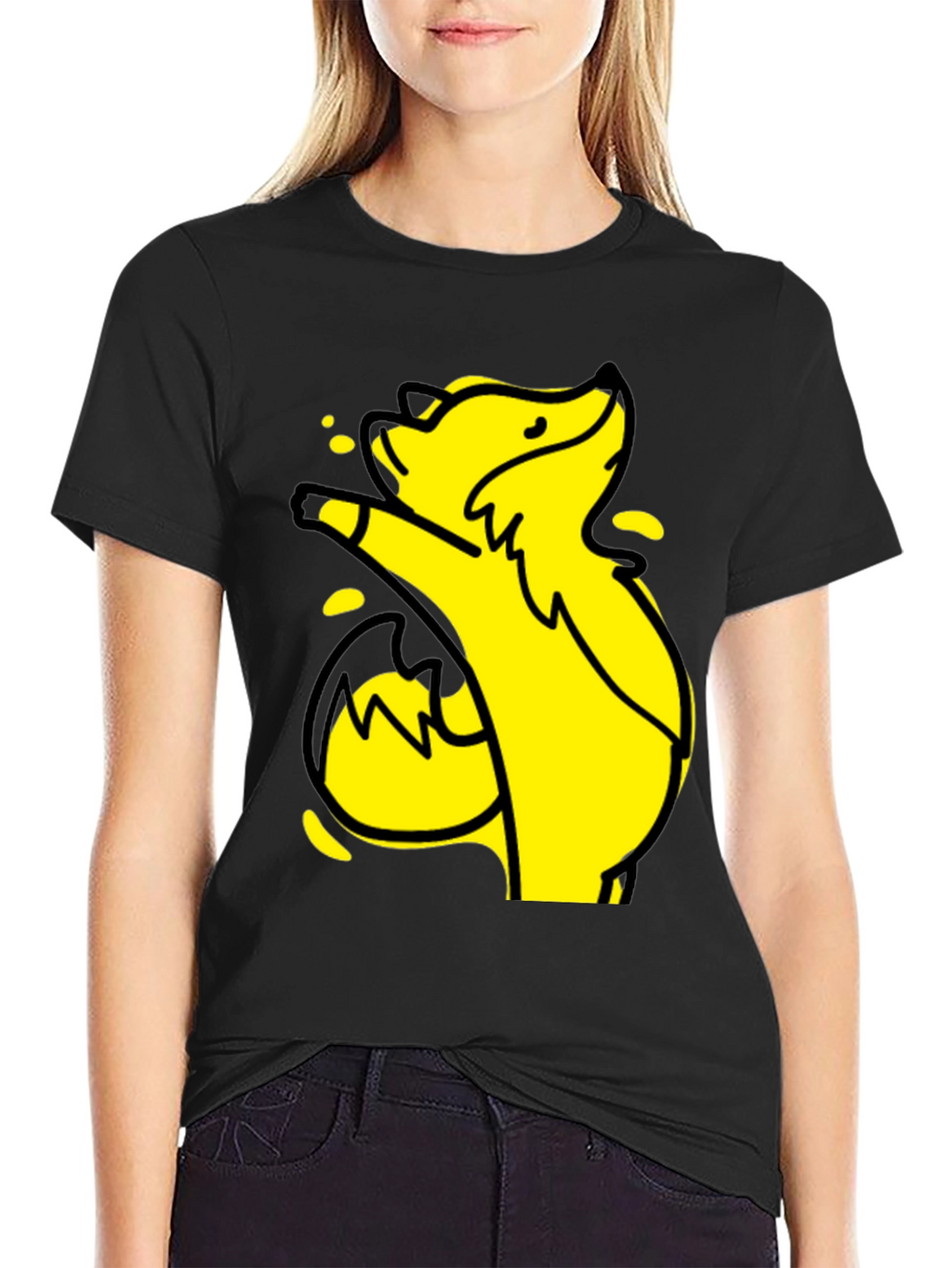 Yellow Cartoon Fox Graphic Black T-Shirt
