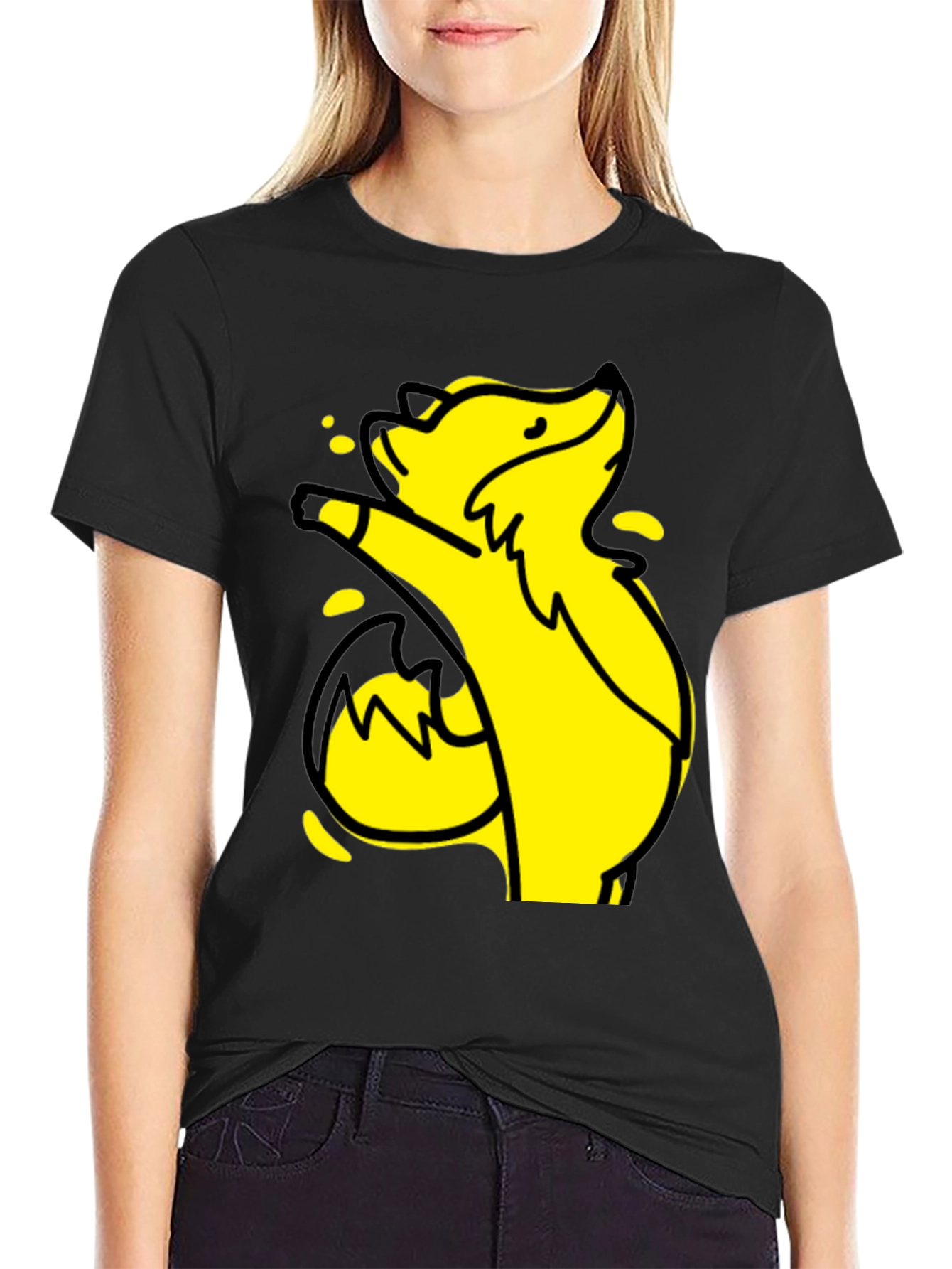 Yellow Cartoon Fox Graphic Black T-Shirt