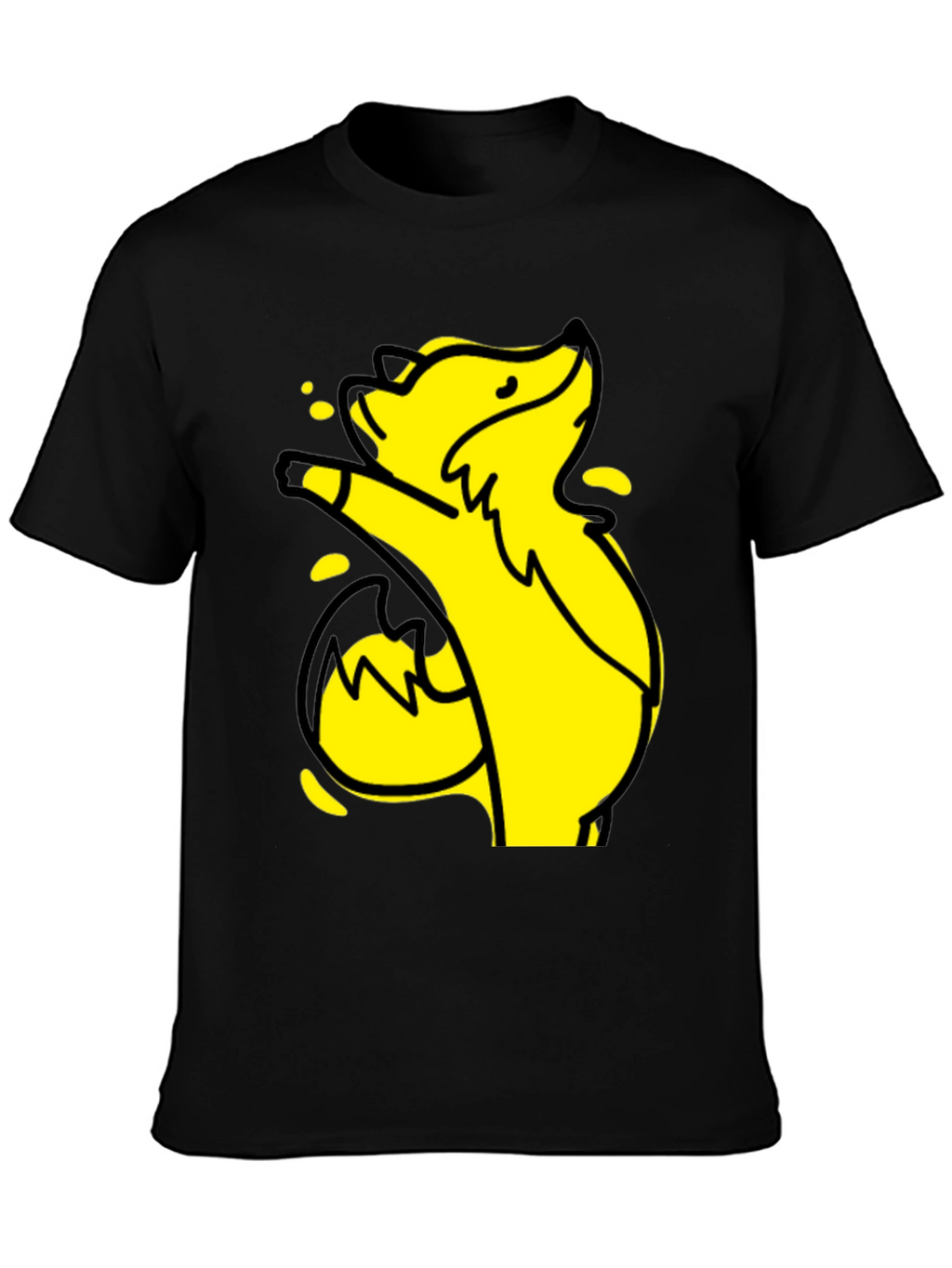 Yellow Cartoon Fox Graphic Black T-Shirt