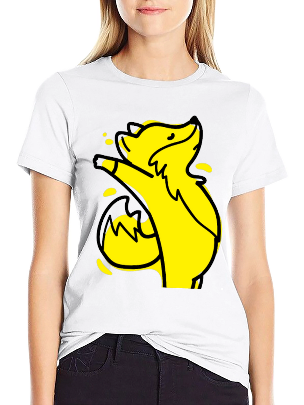 Yellow Cartoon Fox Graphic Black T-Shirt