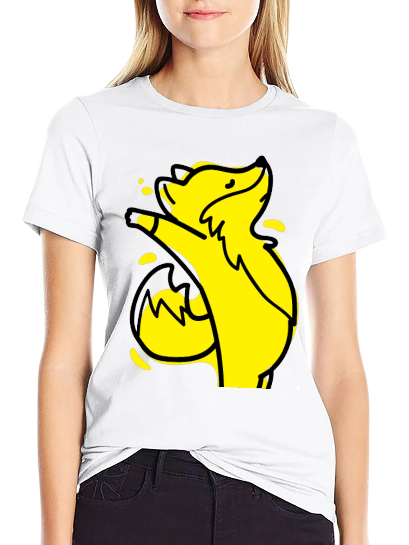 Yellow Cartoon Fox Graphic Black T-Shirt