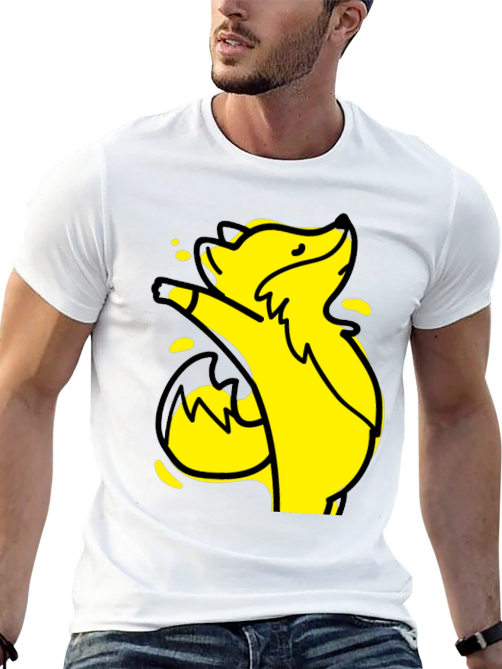 Yellow Cartoon Fox Graphic Black T-Shirt