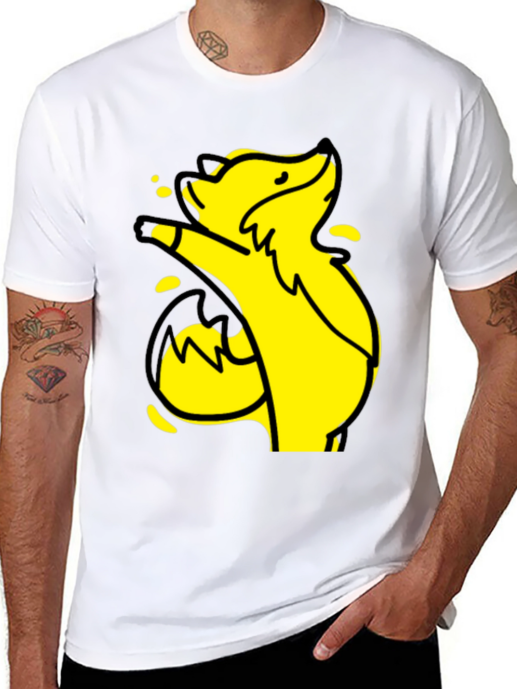 Yellow Cartoon Fox Graphic Black T-Shirt