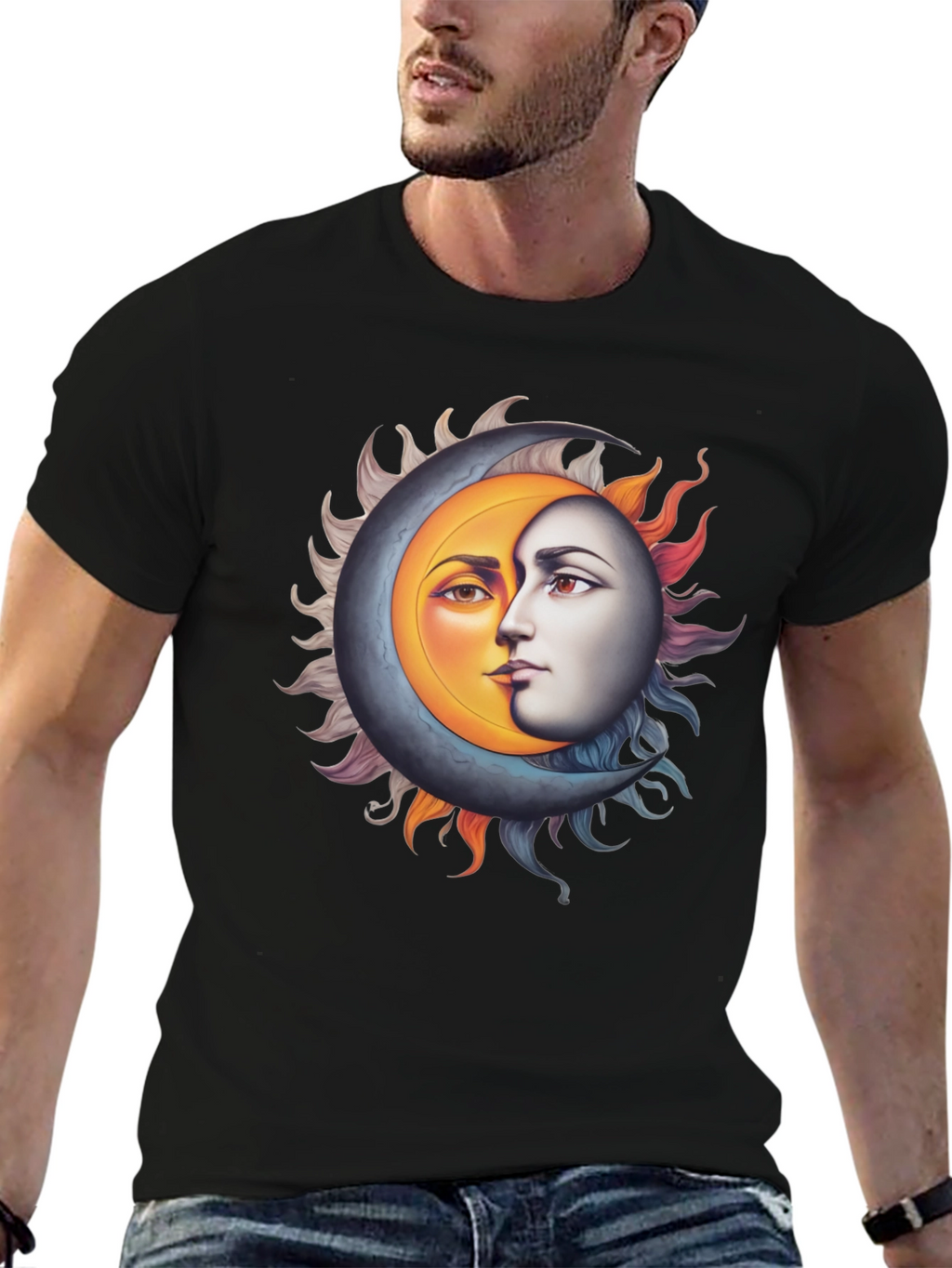 Sun and Moon Face Graphic Black Tee