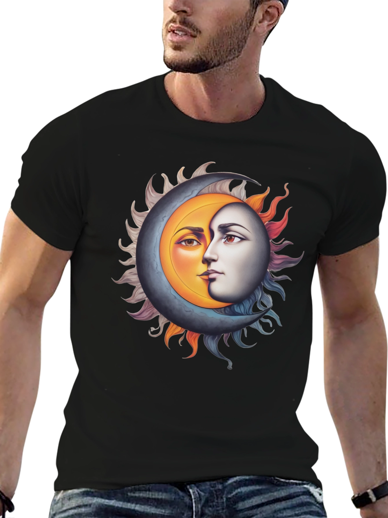 Sun and Moon Face Graphic Black Tee