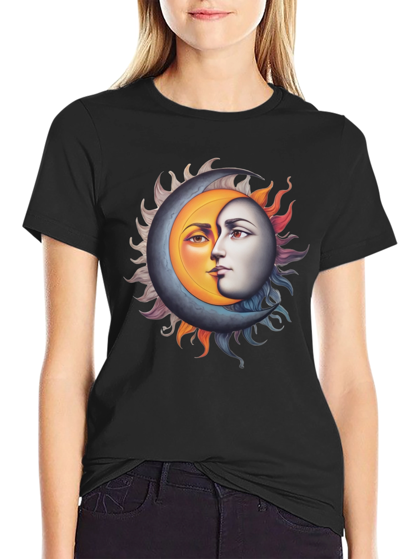 Sun and Moon Face Graphic Black Tee