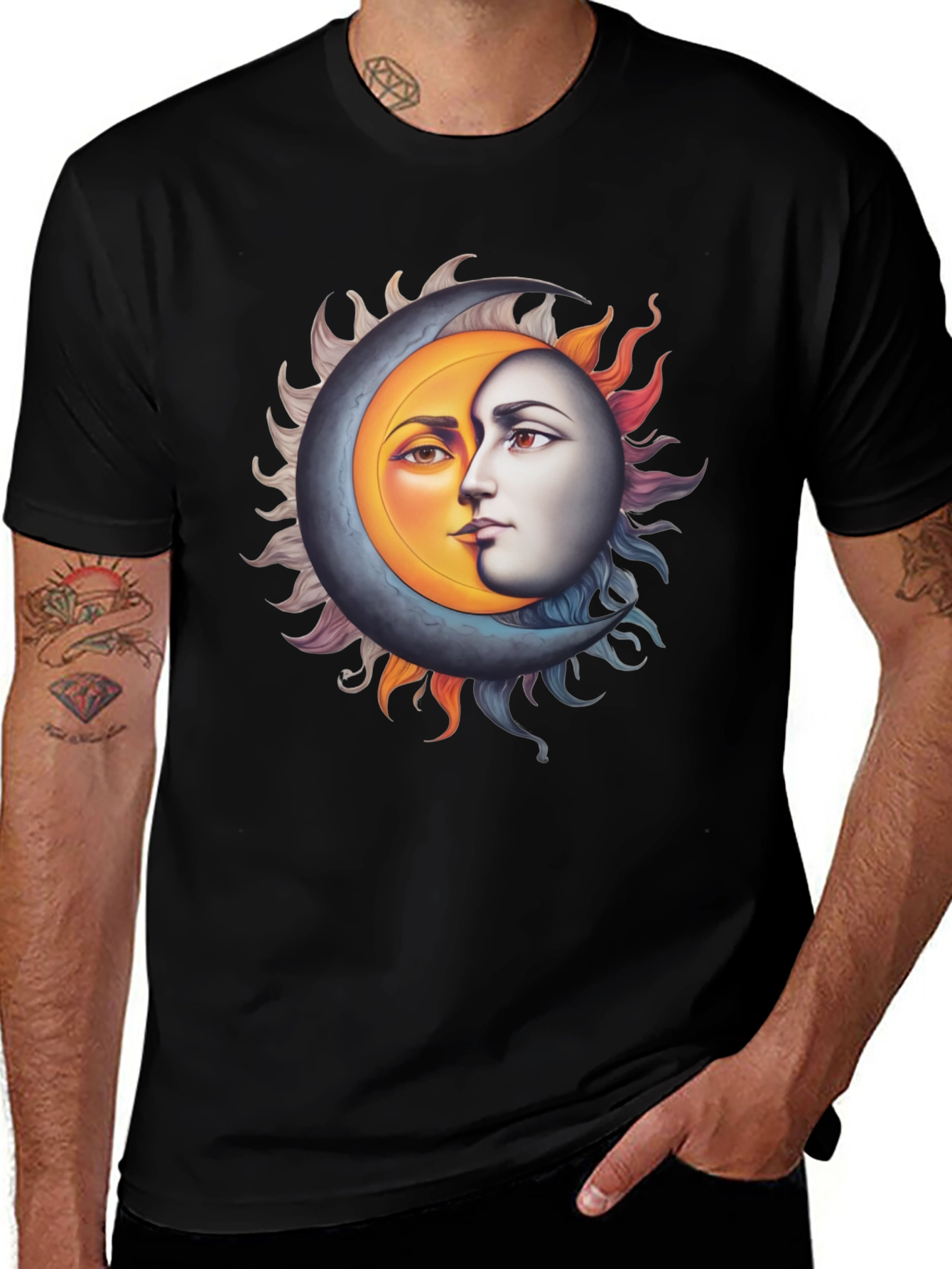 Sun and Moon Face Graphic Black Tee