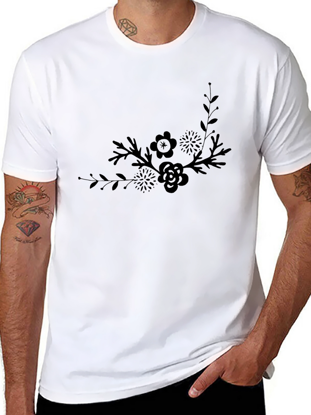 Elegant Floral Graphic Black T-Shirt